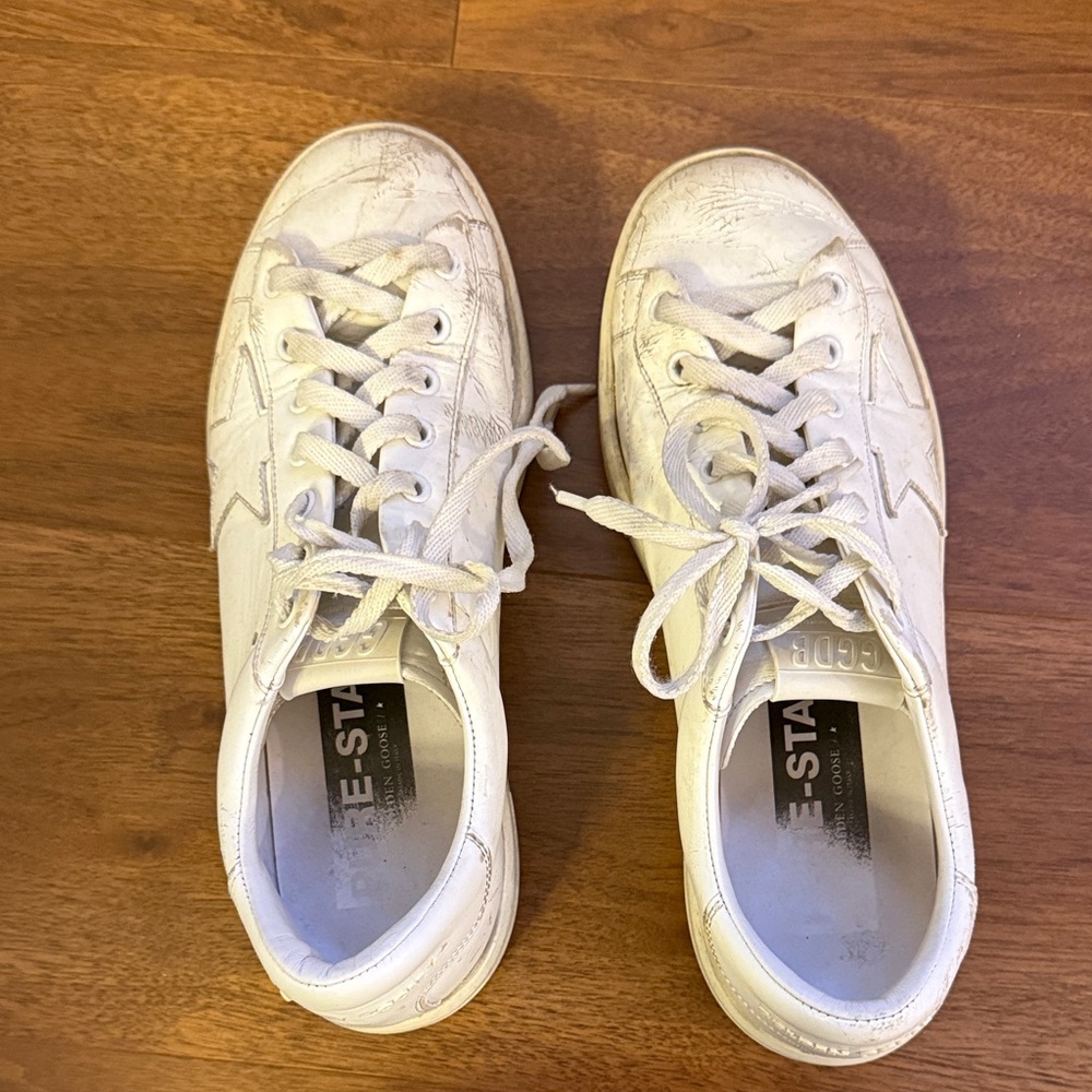 Golden Goose Distressed White Lace-Up Sneakers
